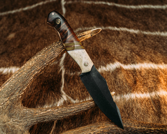 Field Knife (CruWear) - Giraffe Bone, Black G10 & Copper Pin Striping, OD Green Canvas Micarta Splits, Hawaiian Curly Koa, Mosaic Pins, Eagle Mosaic Pin, Grooved Grip.