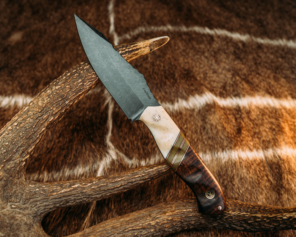 Field Knife (CruWear) - Giraffe Bone, Black G10 & Copper Pin Striping, OD Green Canvas Micarta Splits, Hawaiian Curly Koa, Mosaic Pins, Eagle Mosaic Pin, Grooved Grip.