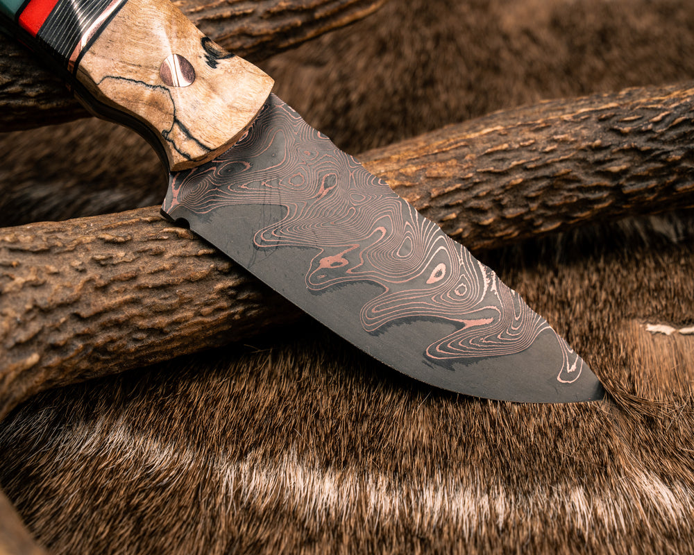 Cav Jr- Baker Forge Riptide CopperMai- Spalted Maple, Black G10 and Copper Pin Striping, Silver Dragonstrike Carbon and Glow Resin Split, Redwood, Copper Pins, Copper Lanyard Pin, Textured Grip