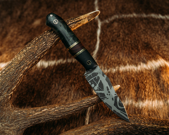 Field Knife Jr - Black Diamond Richlite, Brass & Black G10 Pin Striping, Desert Ironwood Split, Dyed Redwood, Dagger Mosaic Pins, Smooth Grip.