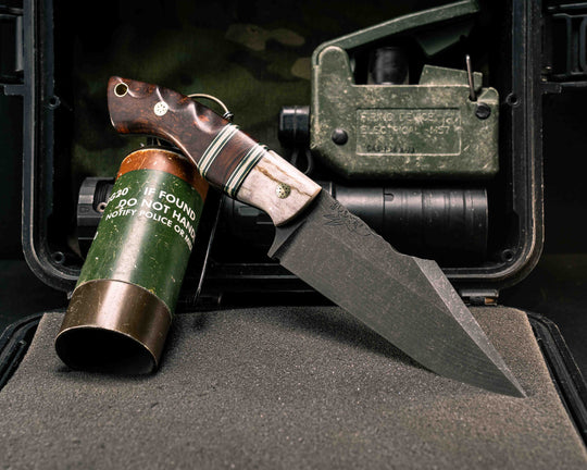 Widow Maker- Elk Antler, Black G10, Brass, Forest Green G10 and White G10 Pin Striping, Desert Ironwood Split, Desert Ironwood, Mosaic Pins, Brass Lanyard Pin, Textured Grip