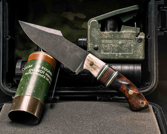 Widow Maker- Elk Antler, Black G10, Brass, Forest Green G10 and White G10 Pin Striping, Desert Ironwood Split, Desert Ironwood, Mosaic Pins, Brass Lanyard Pin, Textured Grip