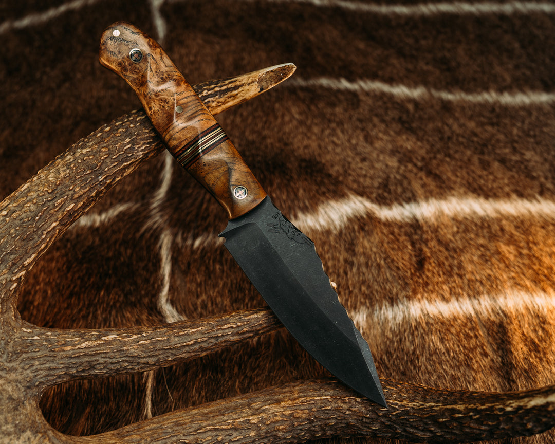 Field Knife (CruWear) - Teak, Black G10 & Fire Canvas Micarta w/ Brass Split, Black Ash, Mosaic Pins, Brass Pin, Textured Grip.