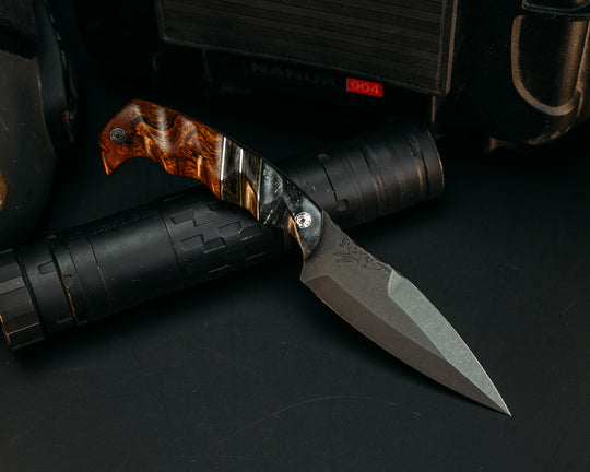 4" HUMINT - Dyed Redwood, Black G10 & Brass Pin Striping, Gold Dark Matter Carbon Fiber, Desert Ironwood, Mosaic Pins, Textured Grip.
