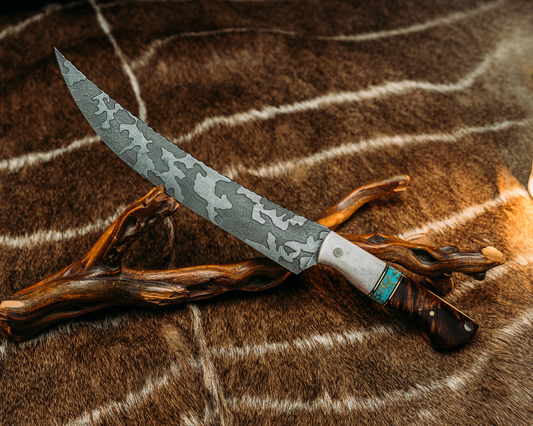 Butcher Blade - Black G10 and Brass Pin Striping, Turquoise with Gold Web Tru-stone Split, Hawaiian Curly Koa, Mosaic Pins, 1/8" Brass Pin, Smooth Grip
