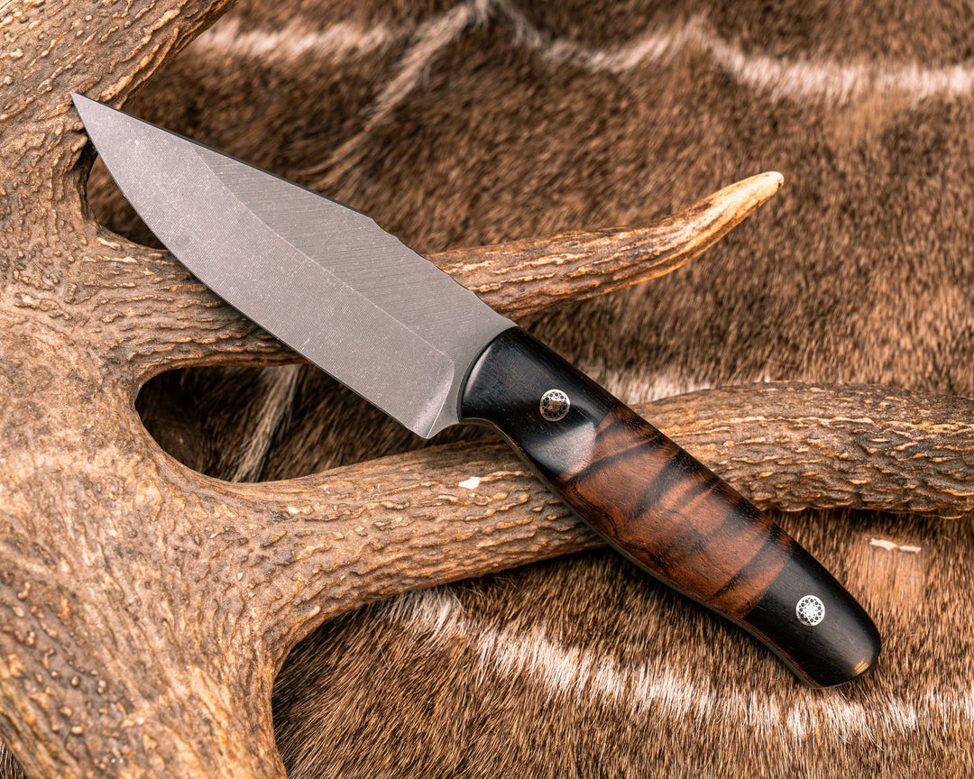 Modified Crow Jr- African Black Wood, Hawaiian Curly Koa Split, Brown Canvas Micarta Liner, Mosaic Pins, Smooth Grip