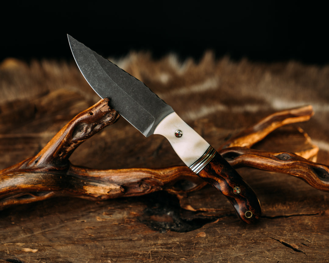Crow Jr - Giraffe Bone, Black, Green & Orange G10 w/ Brass Splits, Desert Ironwood, Patriot Mosaic Pins, Textured Grip.