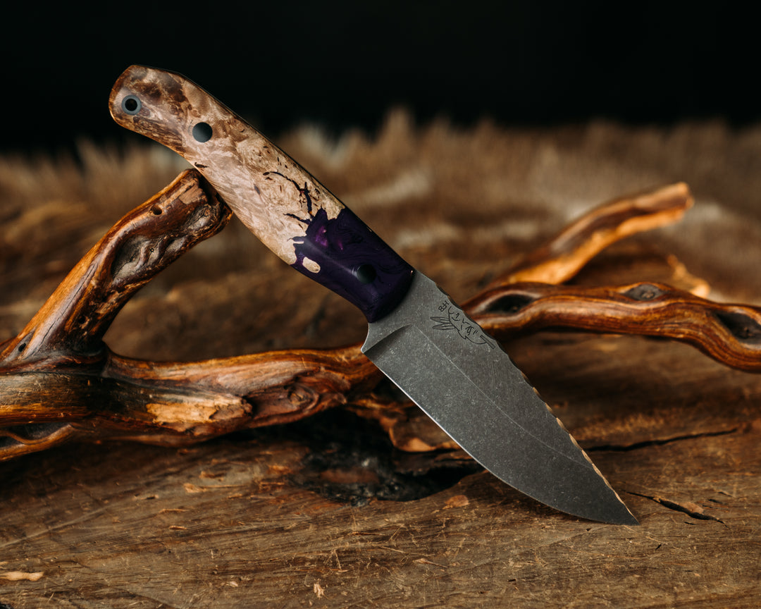 Crow Jr - Purple Resin Maple Burl, CF Pins, CF Lanyard Pin, Smooth Grip.