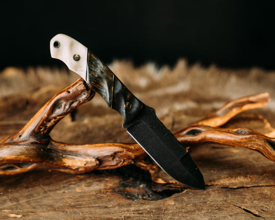 Disaster Jr Gen 3 (.21") - Ancient Bog Oak, Black G10 & Brass Pin Striping, Dyed Curly Maple, Giraffe Bone, Mosaic Pins, Brass Lanyard Pin, Textured Grip.