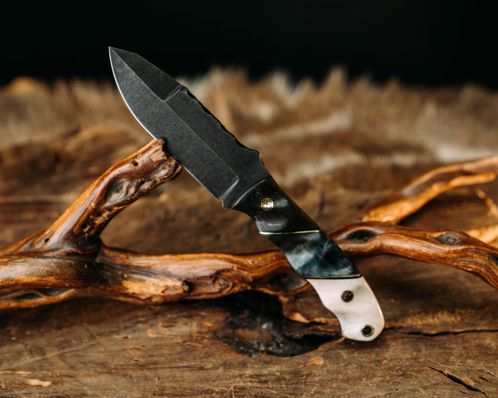 Disaster Jr Gen 3 (.21") - Ancient Bog Oak, Black G10 & Brass Pin Striping, Dyed Curly Maple, Giraffe Bone, Mosaic Pins, Brass Lanyard Pin, Textured Grip.