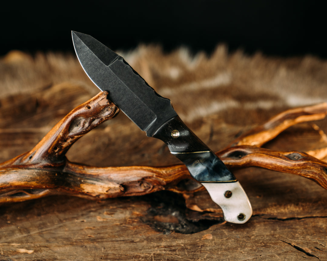 Disaster Jr Gen 3 (.21") - Ancient Bog Oak, Black G10 & Brass Pin Striping, Dyed Curly Maple, Giraffe Bone, Mosaic Pins, Brass Lanyard Pin, Textured Grip.