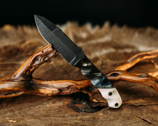Disaster Jr Gen 3 (.21") - Ancient Bog Oak, Black G10 & Brass Pin Striping, Dyed Curly Maple, Giraffe Bone, Mosaic Pins, Brass Lanyard Pin, Textured Grip.