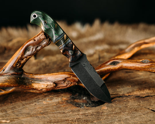 Disaster Cub Gen 3 - Desert Ironwood, Black G10 w/ Aluminum & Brass Pin Striping, Carbon Fiber Split,  Junglewear Carbon Fiber, Mosaic Pins, Textured Grip.