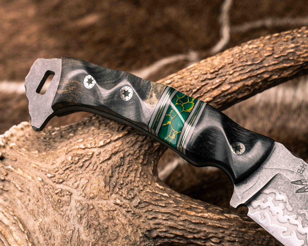 Kukri- African Blackwood, Black G10, Grey G10, Forest Green G10 and Brass Pin Striping, Arizona Jade Tru-stone Split, Buckeye, Mosaic Pins, Textured Grip