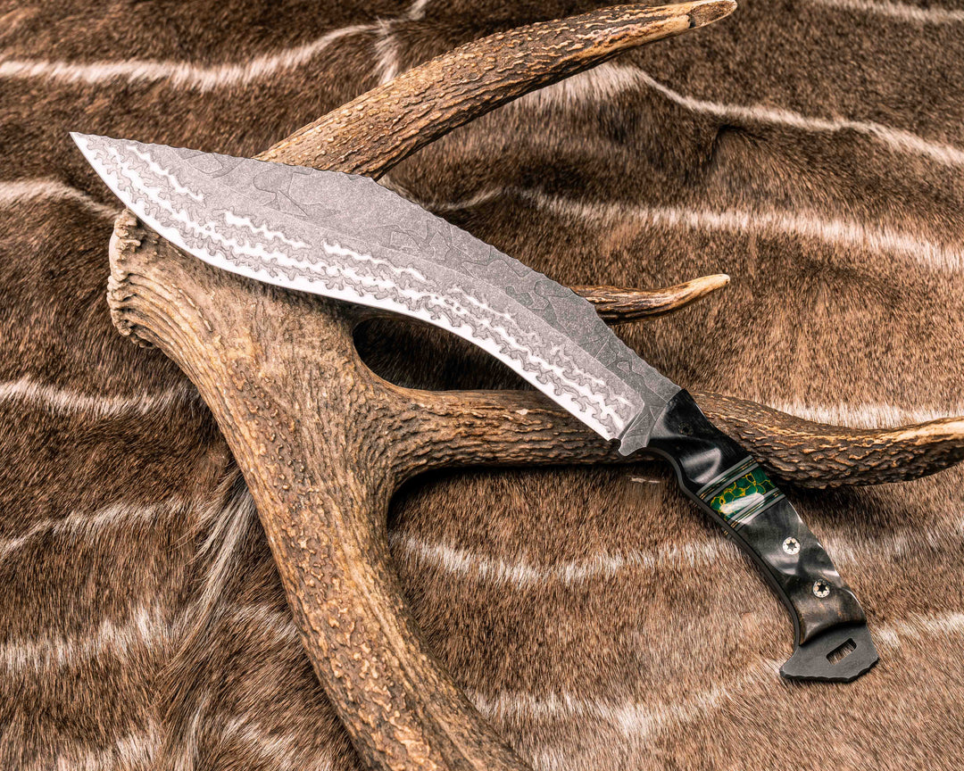 Kukri- African Blackwood, Black G10, Grey G10, Forest Green G10 and Brass Pin Striping, Arizona Jade Tru-stone Split, Buckeye, Mosaic Pins, Textured Grip