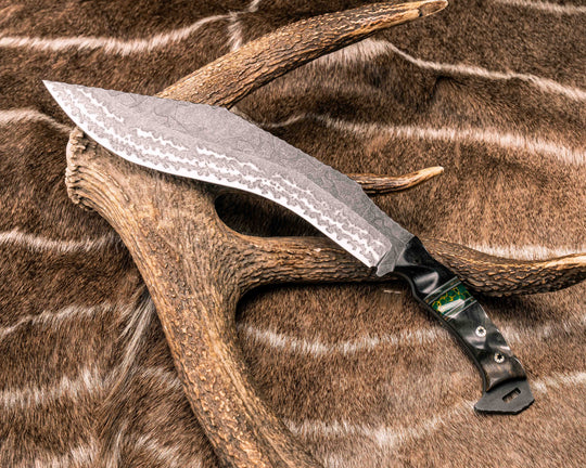 Kukri- African Blackwood, Black G10, Grey G10, Forest Green G10 and Brass Pin Striping, Arizona Jade Tru-stone Split, Buckeye, Mosaic Pins, Textured Grip