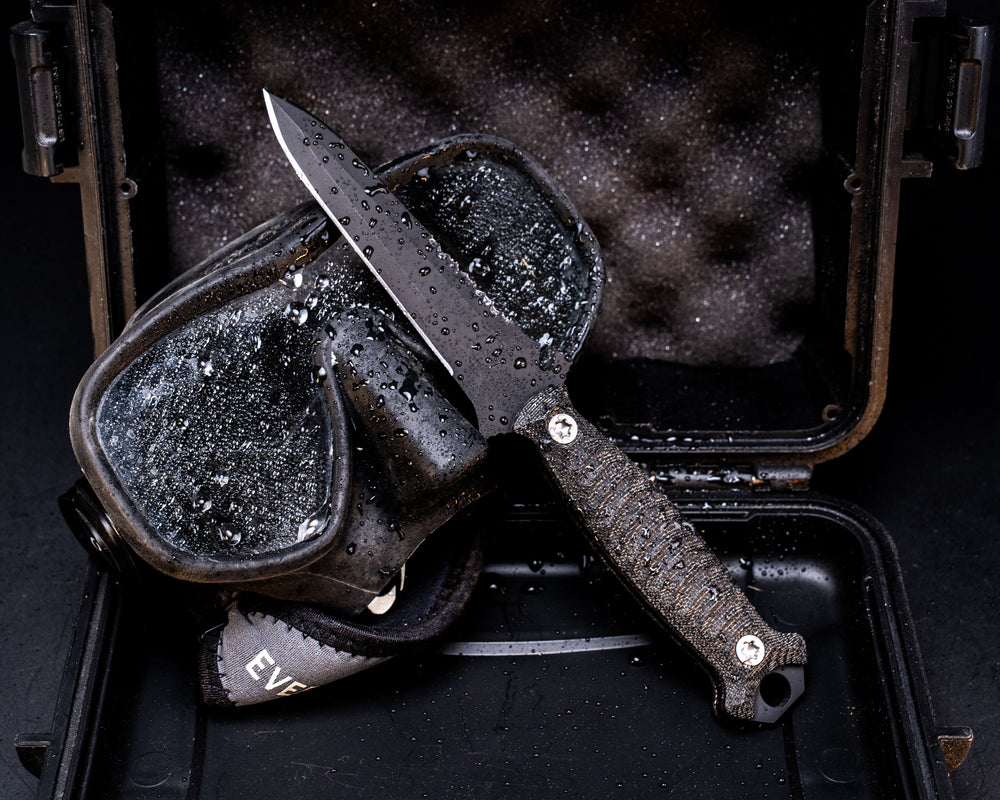 Dive Knife- Black Canvas Micarta, Armor Black Cerakote, Ti Torx Bolts, Textured Grip