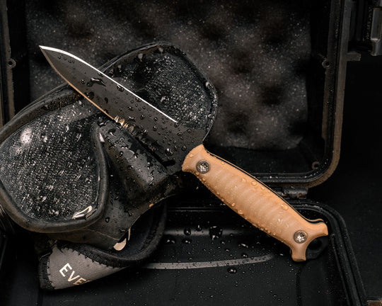 Dive Knife- Ghost/Coyote G10, Armor Black Cerakote, Ti Torx Bolts, Textured Grip