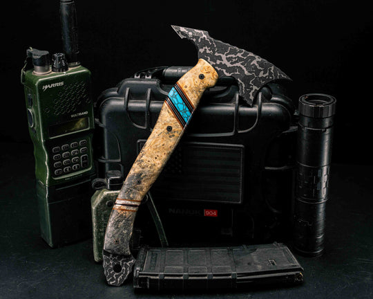 Crescent Hawk- Buckeye Burl, Natural Canvas Micarta, Copper, Black G10 and White G10 Pin Striping, Turquoise with Copper Web Tru-stone and Buckeye Burl Split, Mosaic Pins, Smooth Grip