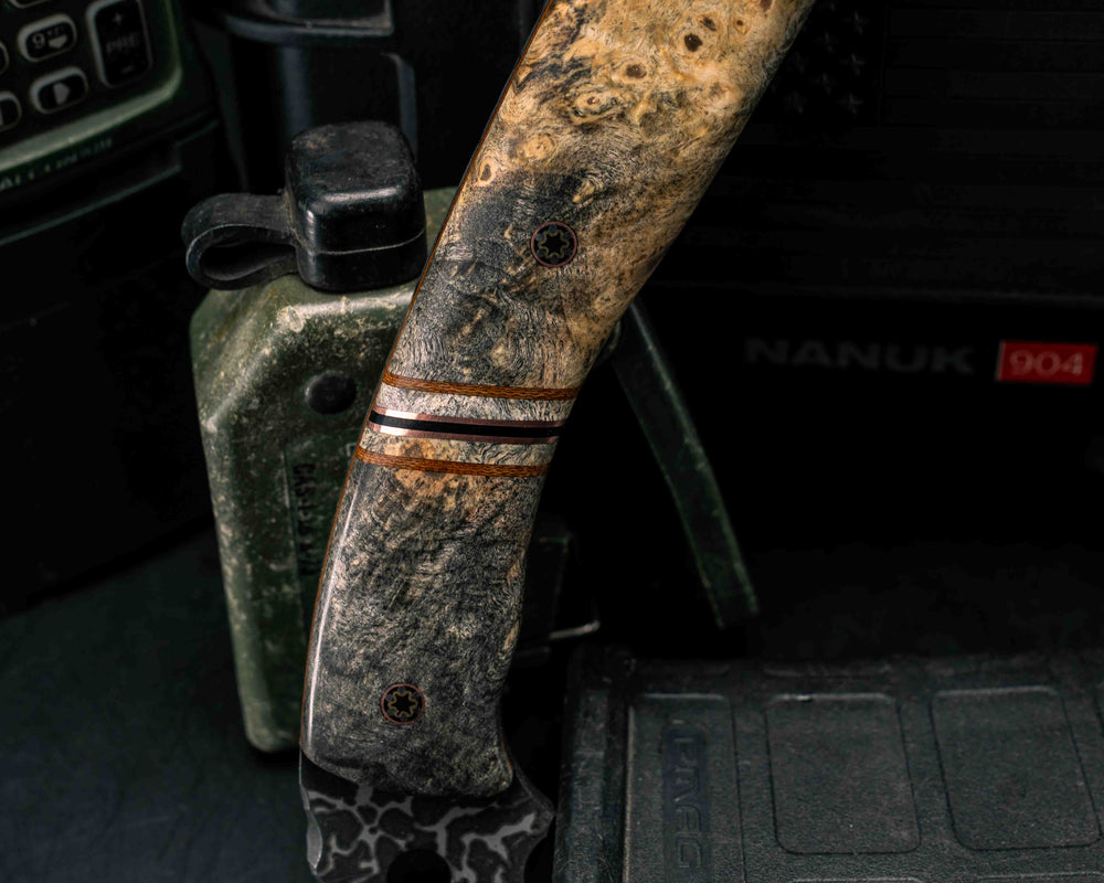 Crescent Hawk- Buckeye Burl, Natural Canvas Micarta, Copper, Black G10 and White G10 Pin Striping, Turquoise with Copper Web Tru-stone and Buckeye Burl Split, Mosaic Pins, Smooth Grip