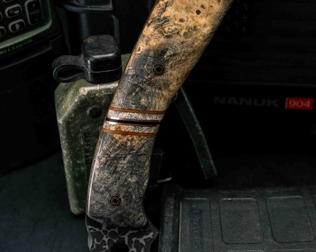 Crescent Hawk- Buckeye Burl, Natural Canvas Micarta, Copper, Black G10 and White G10 Pin Striping, Turquoise with Copper Web Tru-stone and Buckeye Burl Split, Mosaic Pins, Smooth Grip