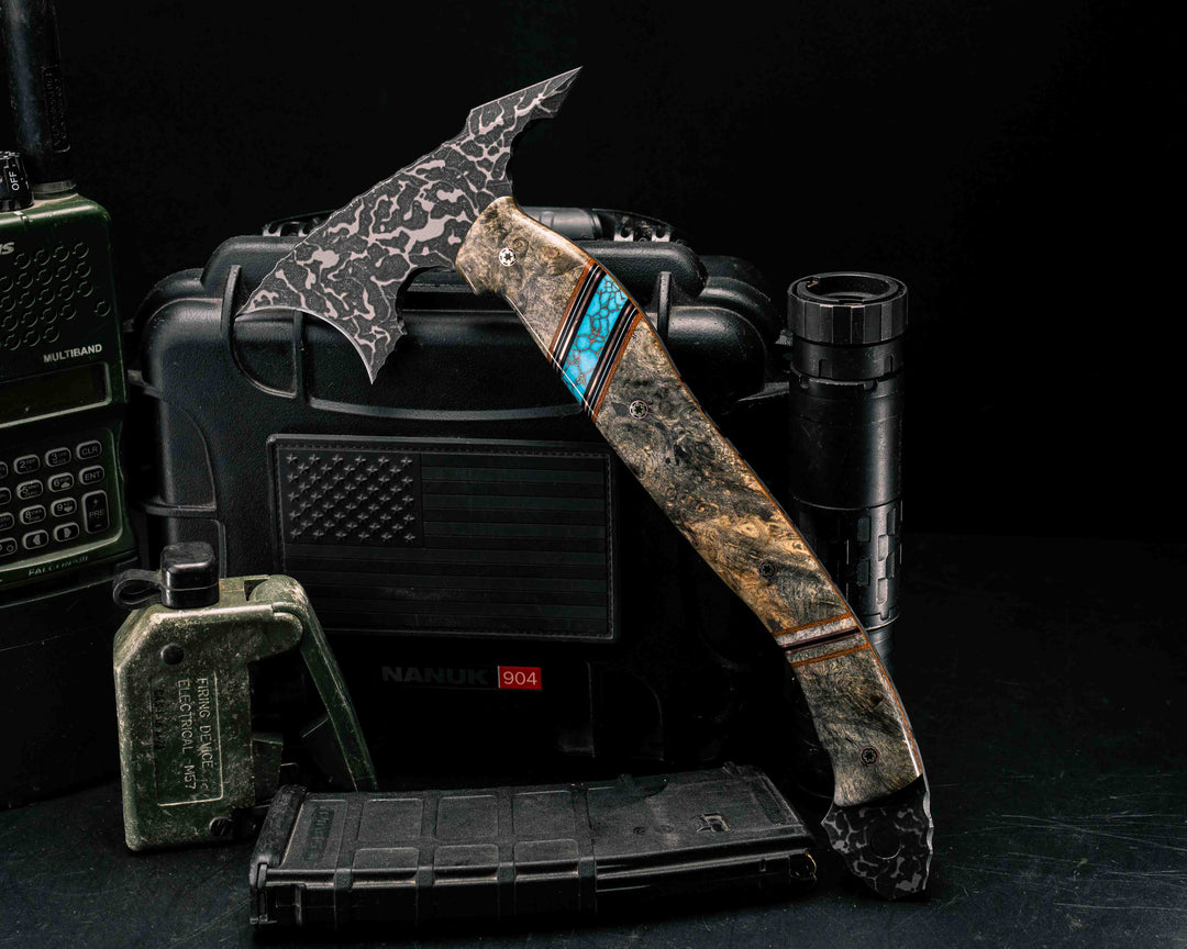 Crescent Hawk- Buckeye Burl, Natural Canvas Micarta, Copper, Black G10 and White G10 Pin Striping, Turquoise with Copper Web Tru-stone and Buckeye Burl Split, Mosaic Pins, Smooth Grip