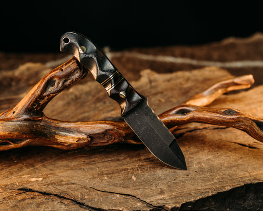 Disaster Cub Gen 3 - Desert Ironwood, Black G10 & Brass Pin Striping, Black Micarta Split, Weaved Carbon Fiber, Mosaic Pins. textured Grip