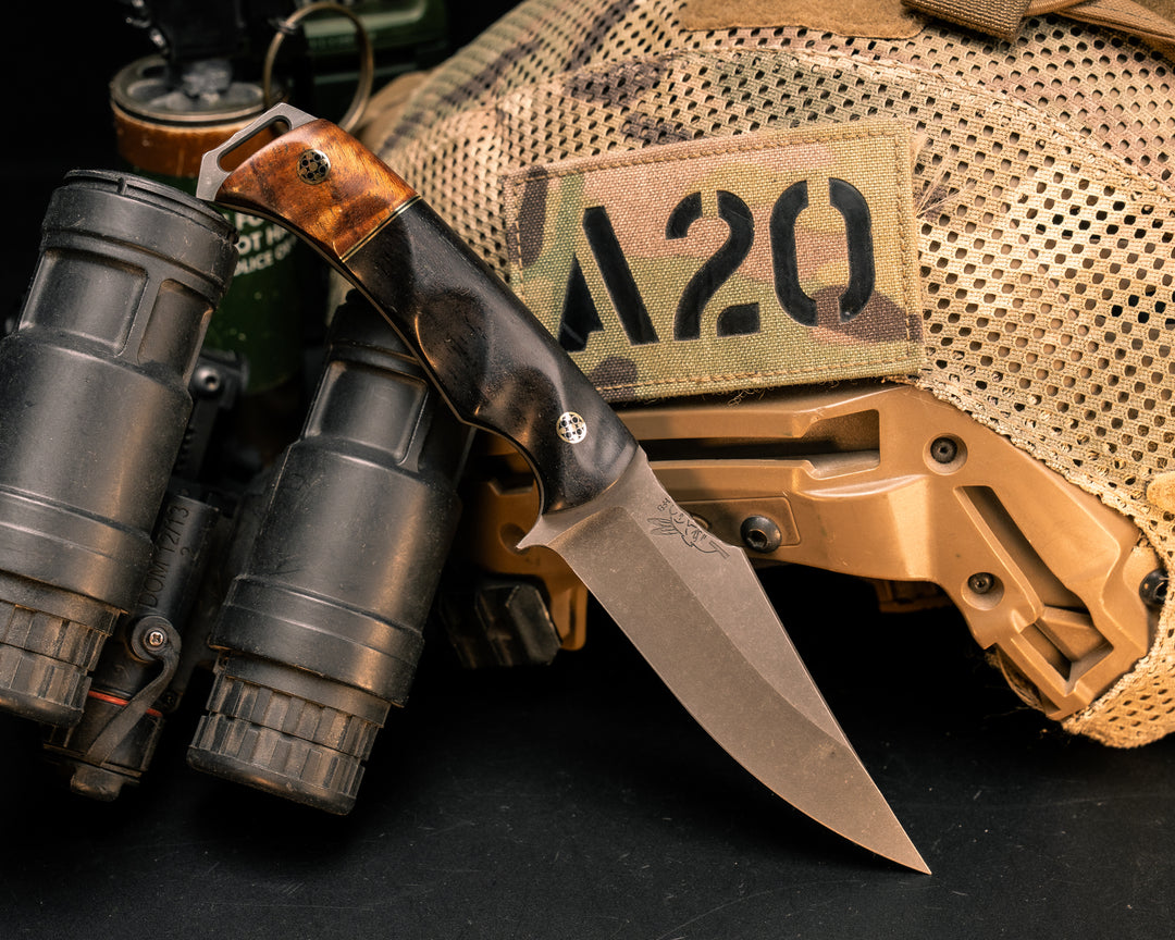 Tosahwi- Afircan Blackwood, Brass and Black G10 Split, Hawaiian Curly Koa, Mosaic Pins, Textured Grip