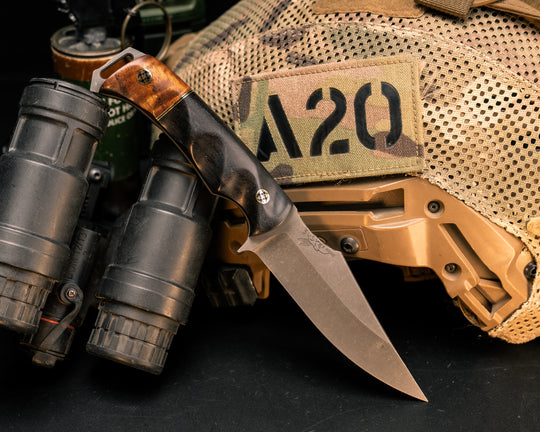 Tosahwi- Afircan Blackwood, Brass and Black G10 Split, Hawaiian Curly Koa, Mosaic Pins, Textured Grip