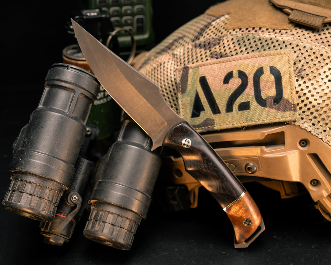 Tosahwi- Afircan Blackwood, Brass and Black G10 Split, Hawaiian Curly Koa, Mosaic Pins, Textured Grip