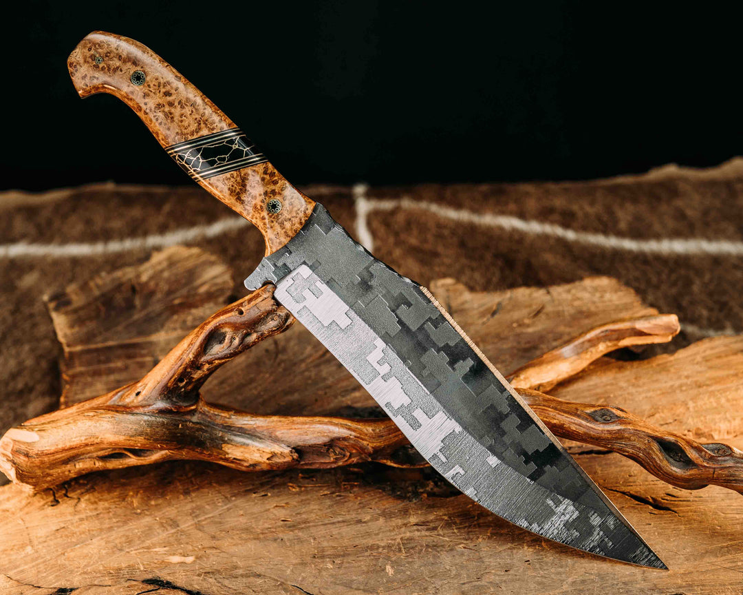 American Bowie- Black Ash, Black G10, Desert Tan G10 w/ Brass Pin Striping, Black w/ Gold Web Tru Stone Split, Mosaic Pins, Textured Grip.
