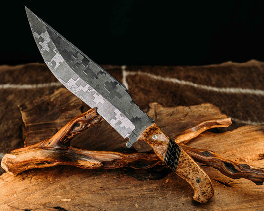 American Bowie- Black Ash, Black G10, Desert Tan G10 w/ Brass Pin Striping, Black w/ Gold Web Tru Stone Split, Mosaic Pins, Textured Grip.