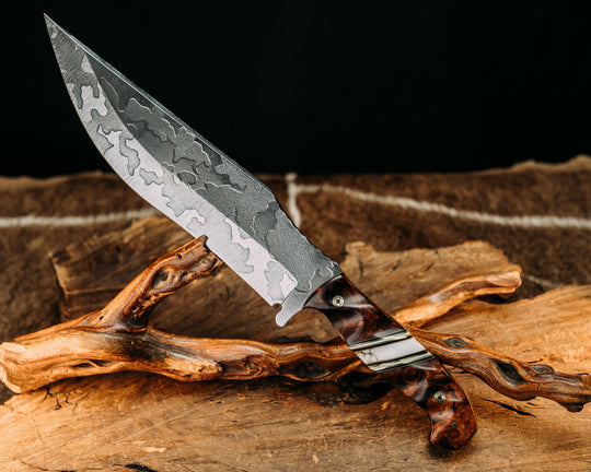 American Bowie - Desert Ironwood, Black & White G10 w/ Brass Pin Striping, White w/ Gold Web Tru Stone Split, Mosaic Pins, Textured Grip.