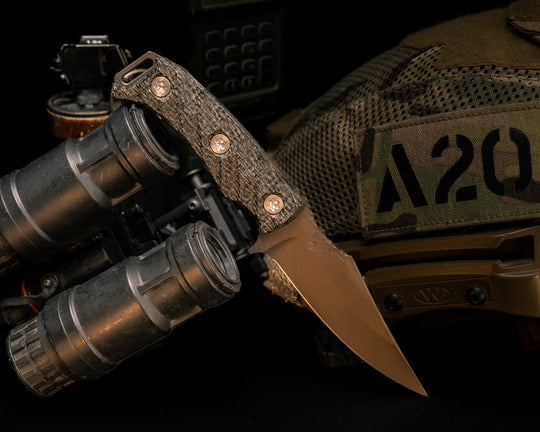 Tosahwi- Black Burlap Micarta, Midnight Bronze Cerakote, Ti Torx Bolts, Textured Grip