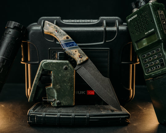Widow Maker - Buckeye, Black & White G10 w/ Aluminum Pin Stripping, Sodalite Tru Stone Split, Patriot Mosaic Pins, Smooth Grip