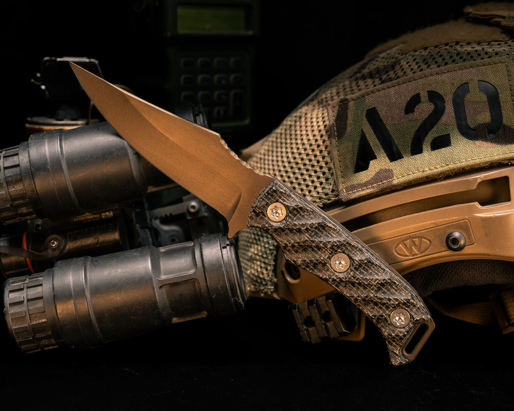 Tosahwi- Black Burlap Micarta, Midnight Bronze Cerakote, Ti Torx Bolts, Textured Grip