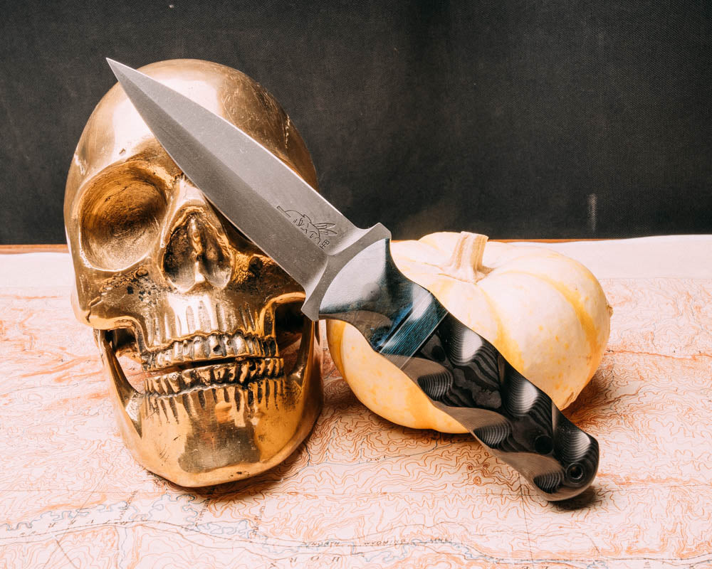 Combat Dagger dyed spalted maple, black G10 and grey G10 pin stripin