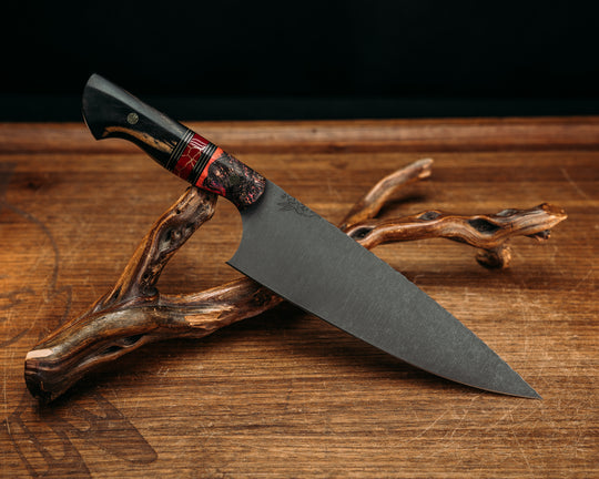 Chef Blade- Dyed Maple, Black G10, Coyote G10, Black Micarta, Ruby G10 and Brass Pin Striping, Red with Gold Web Tru-stone Split, Black and White Ebony, Mosaic Pins, Smooth Grip