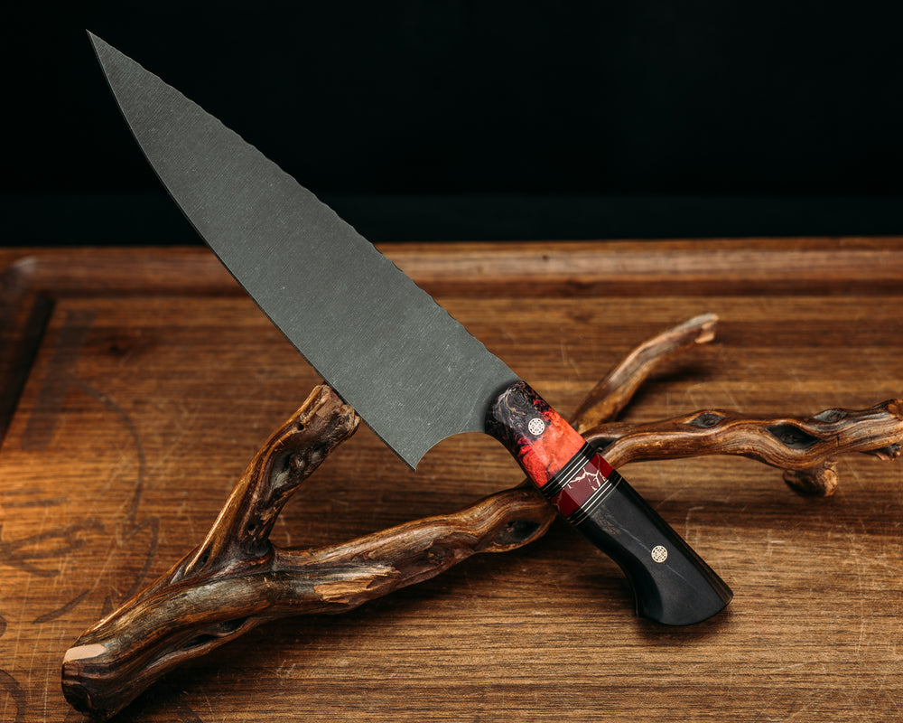 Chef Blade- Dyed Maple, Black G10, Coyote G10, Black Micarta, Ruby G10 and Brass Pin Striping, Red with Gold Web Tru-stone Split, Black and White Ebony, Mosaic Pins, Smooth Grip