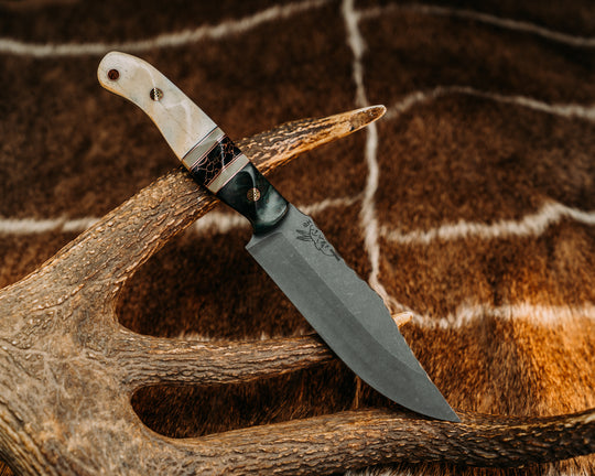 Crow Scout- Dyed Redwood, Black G10 and Copper Pin Striping, Desert Tan G10 and Black with Copper Web Tru-stone Split, Giraffe Bone, Mosaic Pins, Copper Lanyard Pin, Textured Grip