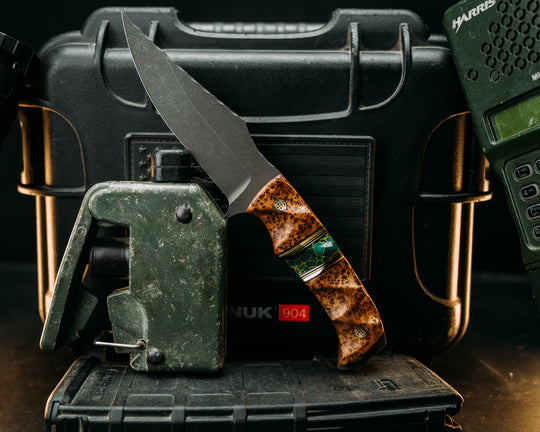 Tosahwi - Black Ash, Black G10 & Brass Pin Striping, Arizona Jade Tru Stone Split, Mosaic Pins, Textured Grip.