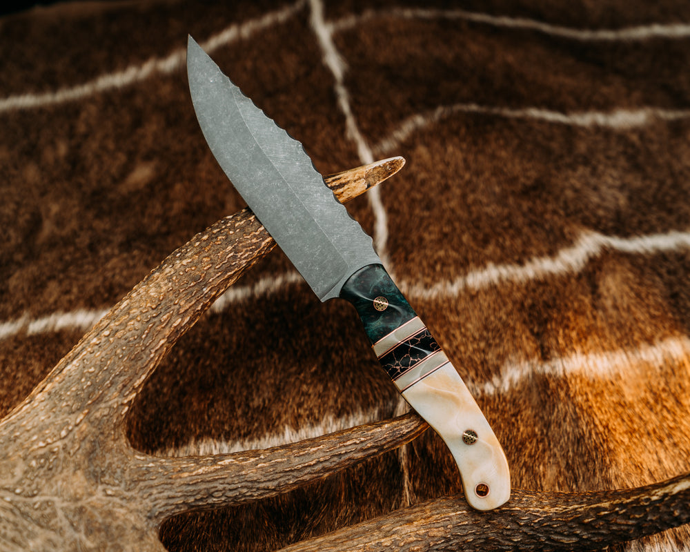 Crow Scout- Dyed Redwood, Black G10 and Copper Pin Striping, Desert Tan G10 and Black with Copper Web Tru-stone Split, Giraffe Bone, Mosaic Pins, Copper Lanyard Pin, Textured Grip