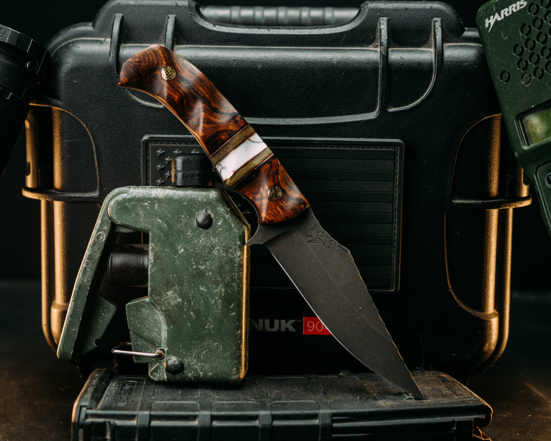 Tosahwi - Desert Ironwood, Black G10 & Copper Pin Striping, OD Green Cnavas Micarta & White w/ Copper Web Tru Stone Split, Mosaic Pins Textured Grip.