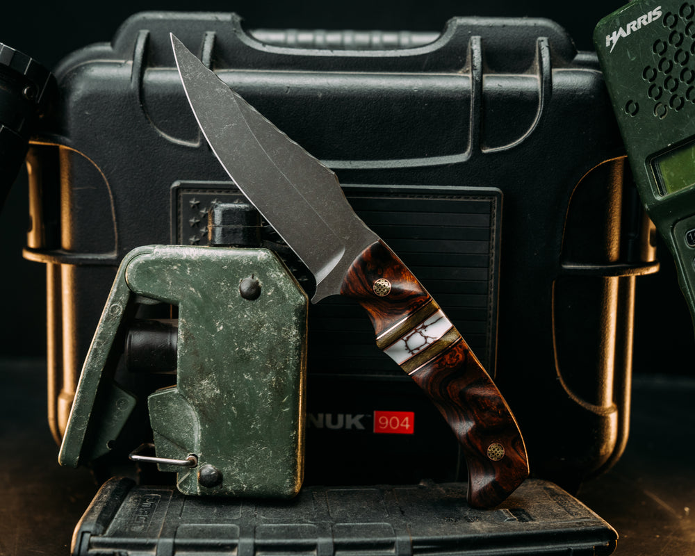Tosahwi - Desert Ironwood, Black G10 & Copper Pin Striping, OD Green Cnavas Micarta & White w/ Copper Web Tru Stone Split, Mosaic Pins Textured Grip.