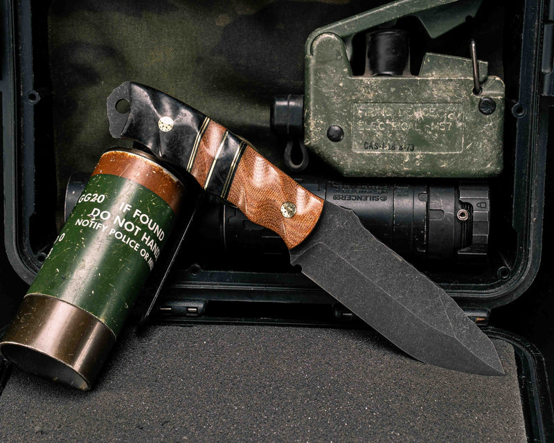 Disaster Jr- Vintage Westinghouse Linen Micarta, Black G10 and Brass Pin Striping, Dyed Redwood and Vintage Westinghouse Linen Micarta Split, Dyed Redwood, Natural Canvas Micarta Liner, Mosaic Pins, Textured Grip