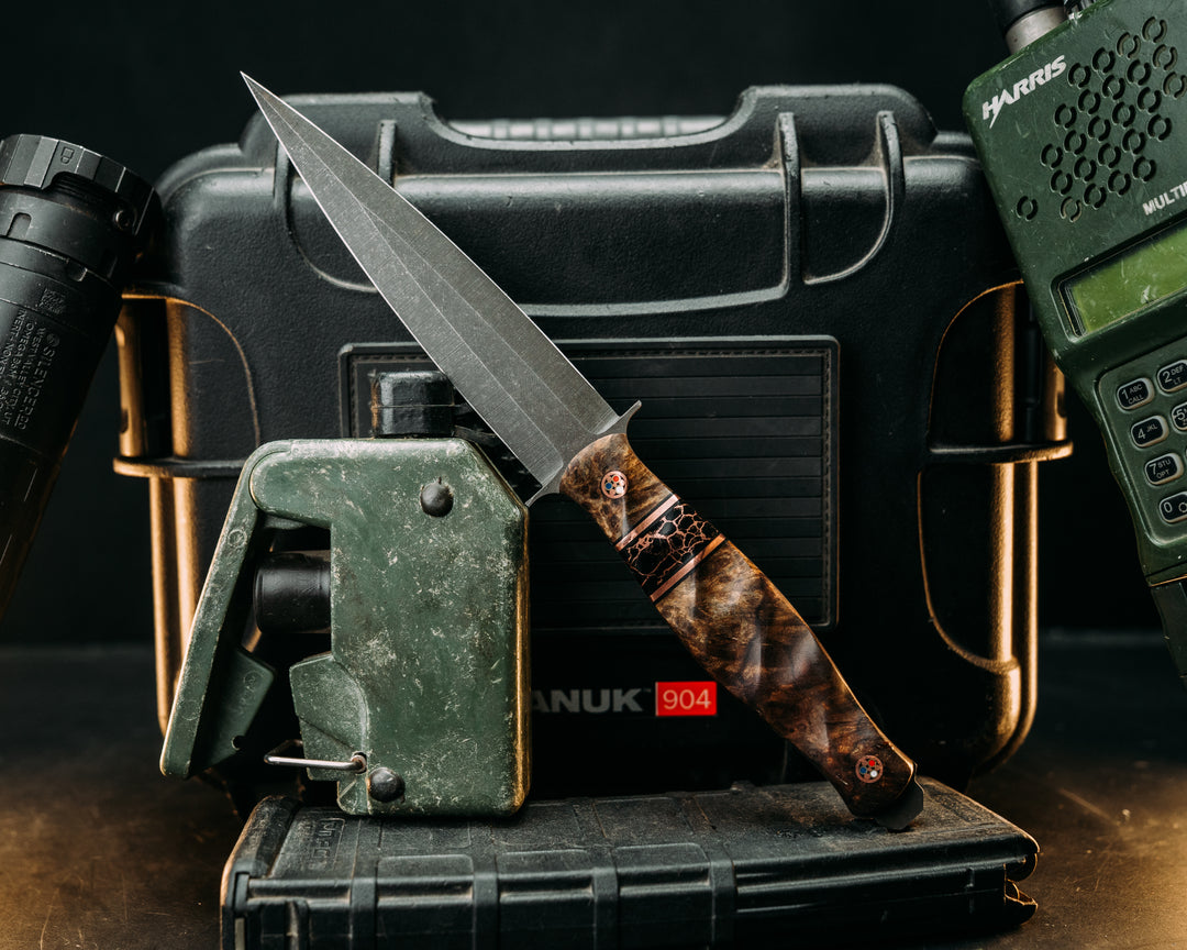 Fairbairn Sykes- Maple, Black G10 & Copper Pin Striping, Black w/ Copper Web Tru Stone Split, Patriot Mosaic Pins, Textured Grip