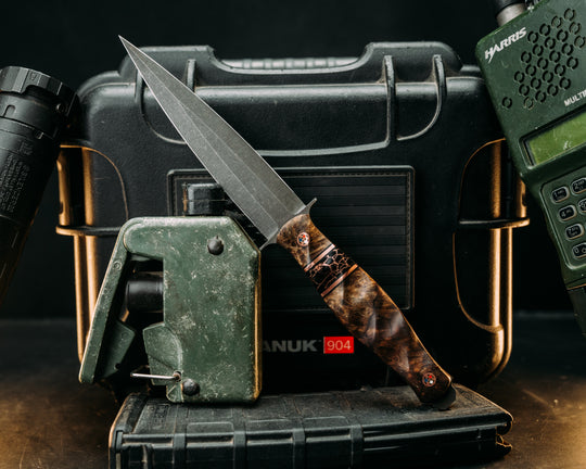 Fairbairn Sykes- Maple, Black G10 & Copper Pin Striping, Black w/ Copper Web Tru Stone Split, Patriot Mosaic Pins, Textured Grip