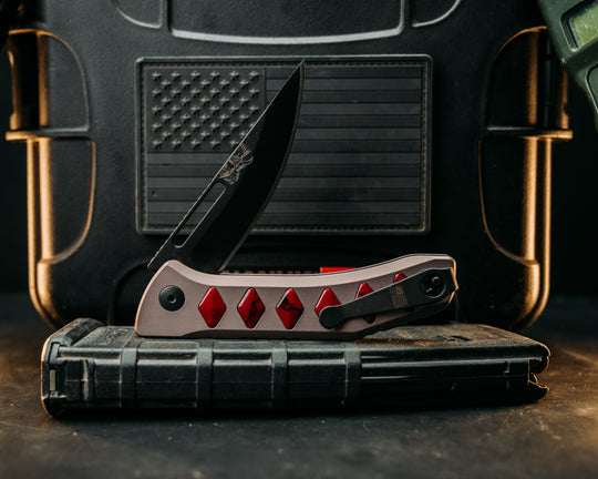 Kwaiken Folder Custom - Bloody Basin Jasper Tru Stone, Anodized Gray Handle, Black Nitride Blade, Textured Grip, Deep Carry Pocket Clip