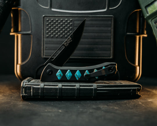 Kwaiken Folder Custom - Turquoise w/ Gold Web Tru Stone, Anodized Black Handle, Black Nitride Blade, Textured Grip, Deep Carry Pocket Clip
