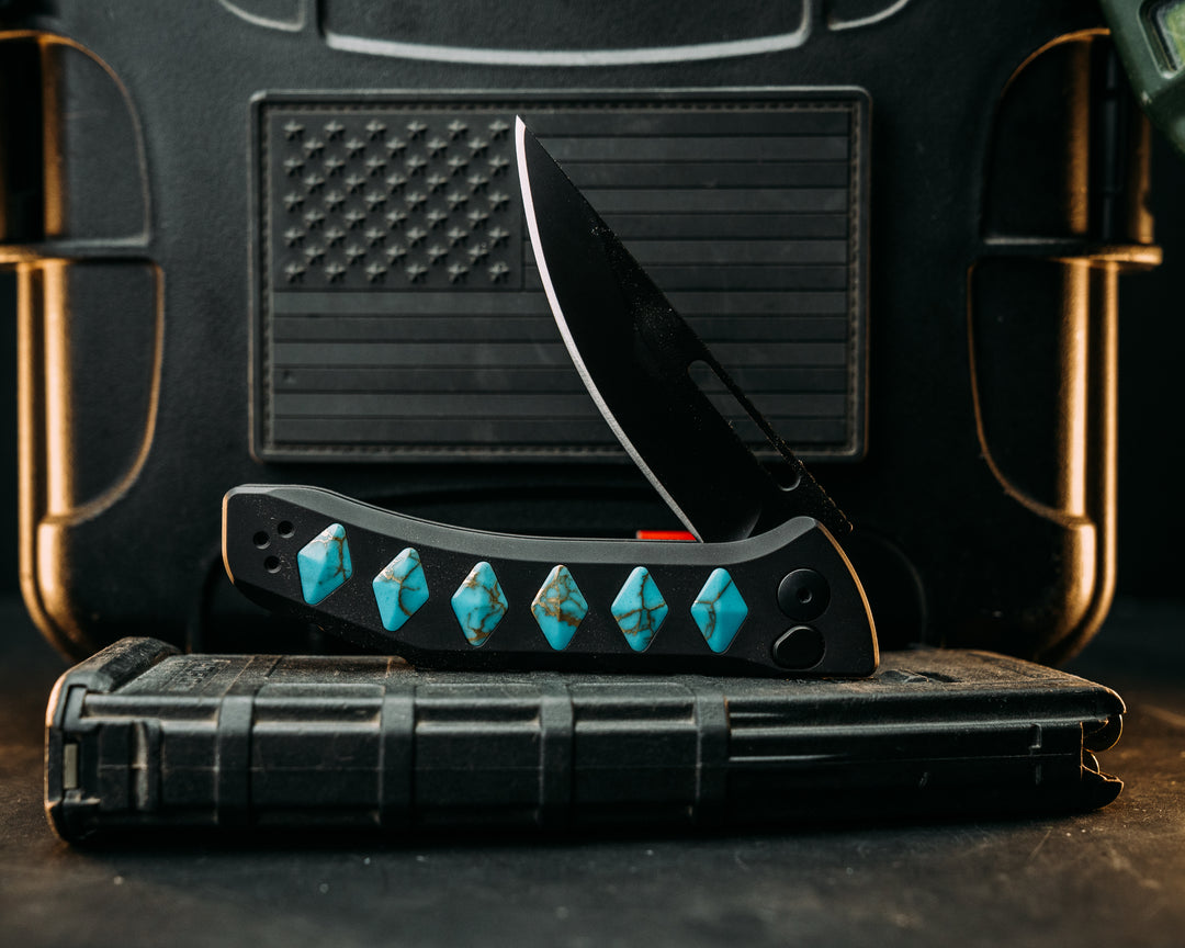 Kwaiken Folder Custom - Turquoise w/ Gold Web Tru Stone, Anodized Black Handle, Black Nitride Blade, Textured Grip, Deep Carry Pocket Clip